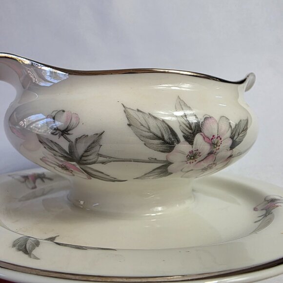 Manor House Spring Glory Gravy Boat & Underplate Pink & White Floral Gray Leaves - Picture 6 of 16